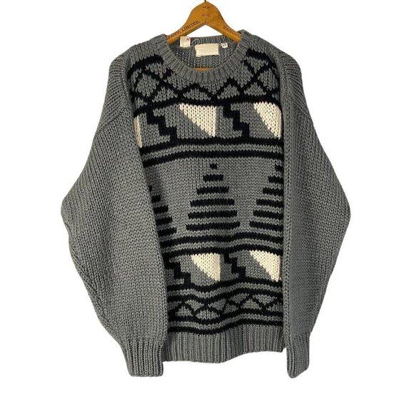 Vintage 90s Abstract Knit Sweater, Monochrome Cozy Pullover, Oversized Grunge - Picture 1 of 5